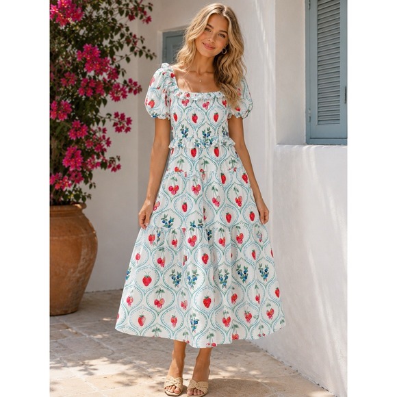 Us Together Dresses & Skirts - Us Together Fruit Print Maxi Dress Smocked Tiered Cherry Strawberry Blueberry Lg